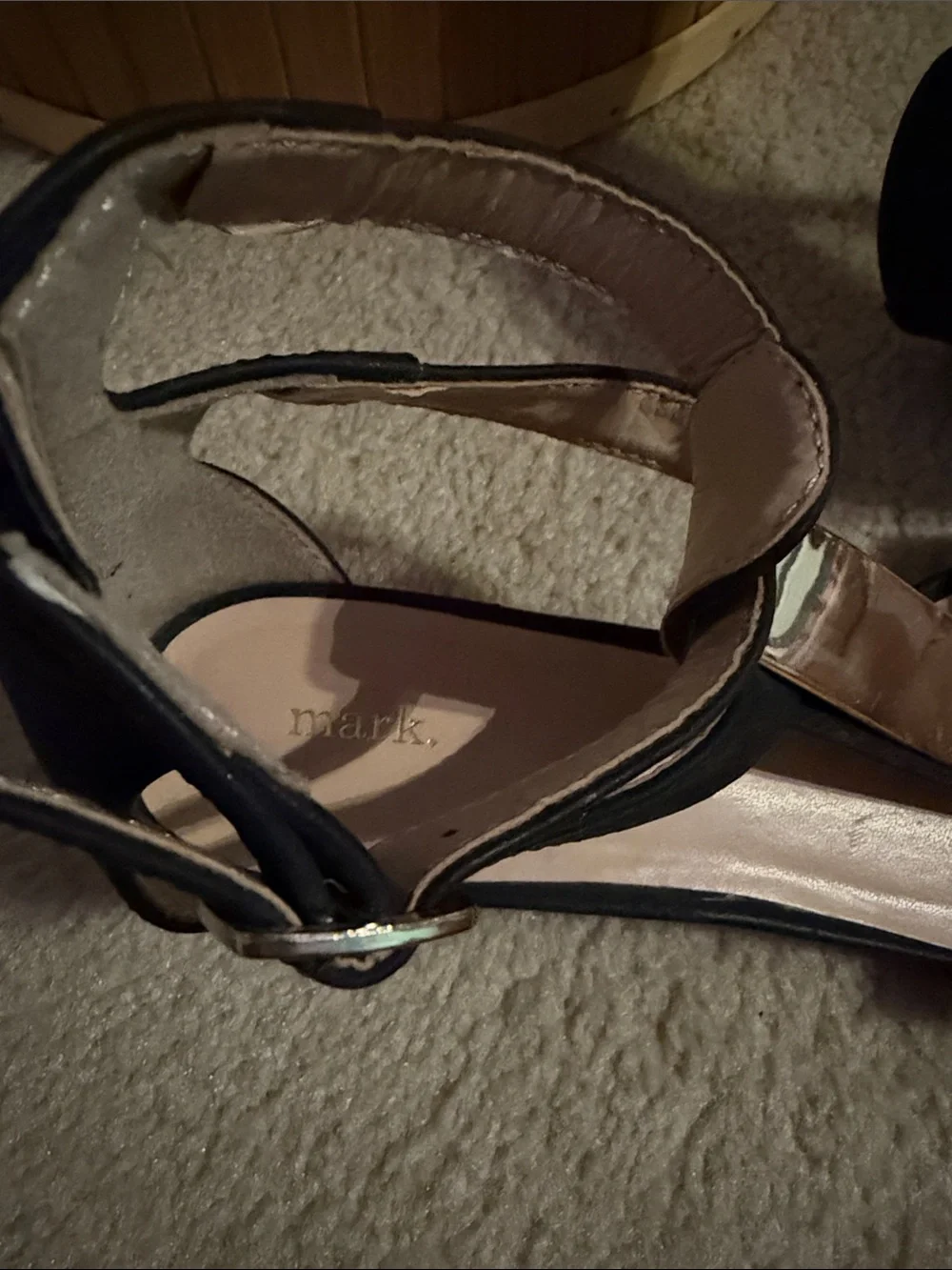 EUC Women's Black Strappy Open-Toe Heels with Gold Accent